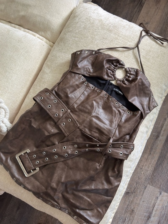 Fashion Nova Jackets & Blazers - Fashion Nova Brown Faux-Leather Halter Dress